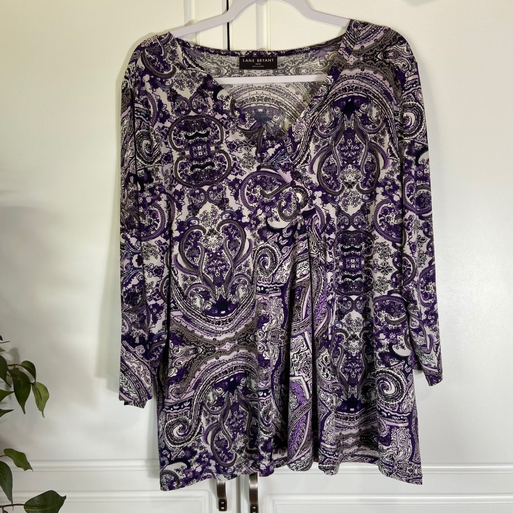 Lane Bryant Purple Paisley V-Neck Tunic Top 3/4 Sleeve Plus 18/20 Boho Blouse